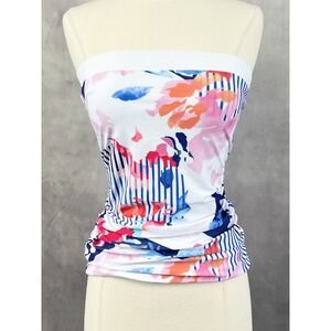 Floral Striped Tube Top Womens Small Stretch Ruched Y2K Indie Tropical Resort